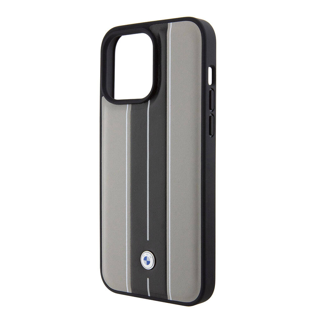 BMW iPhone 15 Pro Orjinal Lisanslı Deri Arka Yüzey Metal Logolu Çift Şerit Tasarımlı Kılıf BMW iPhone 15 Pro Orjinal Lisanslı Deri Arka Yüzey Metal Logolu Çift Şerit Tasarımlı Kılıf
